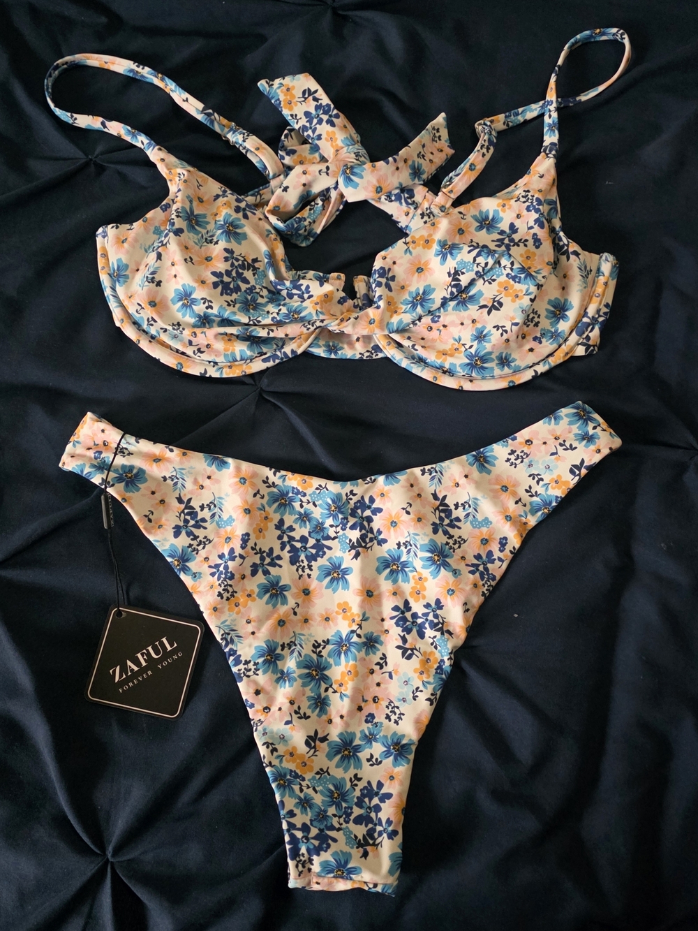 Zaful Floral Underwire Bikini Set - Blue & Peach Flowers